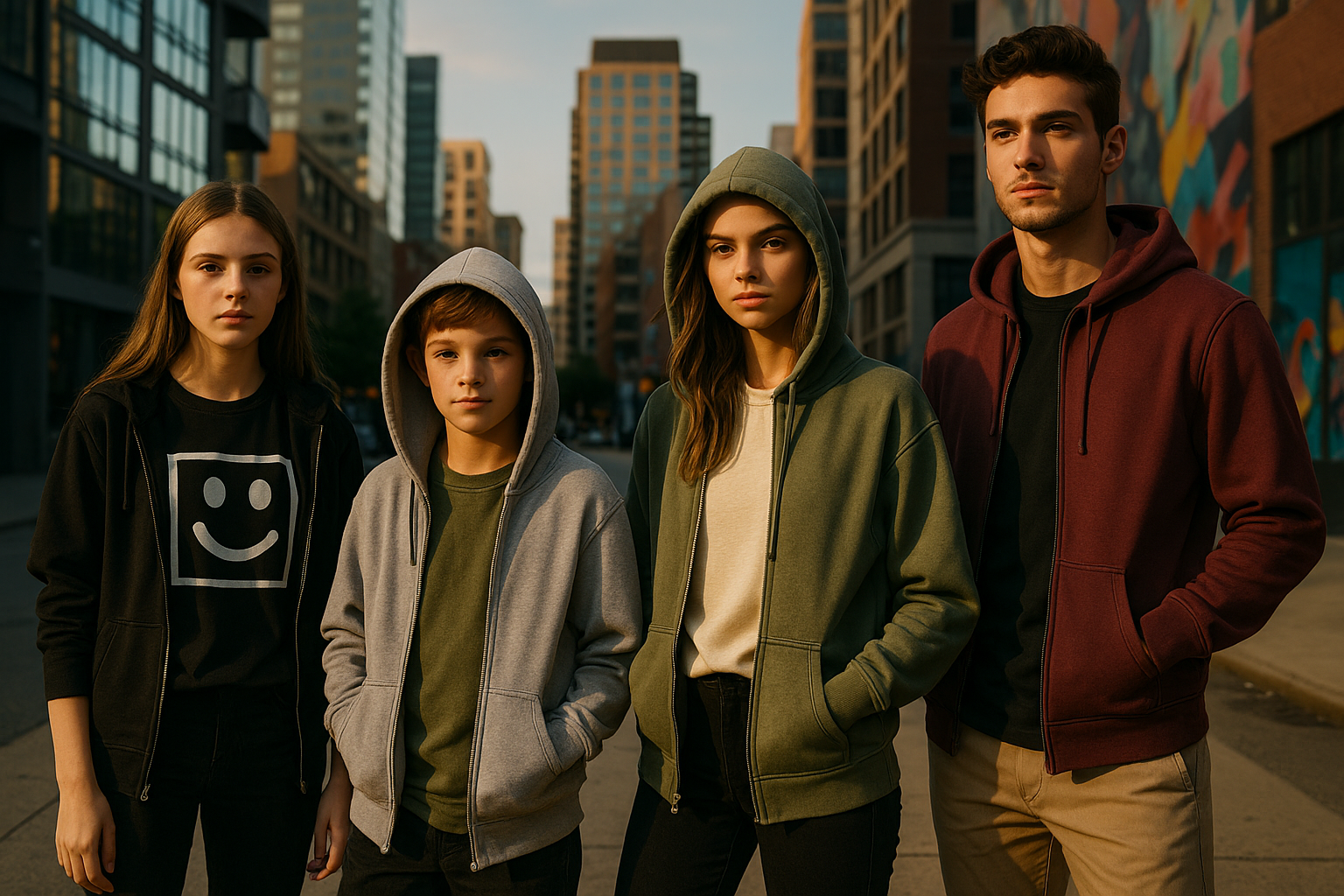 teens,kids and adult wearing t-shirts and hoodies urban and stylish 